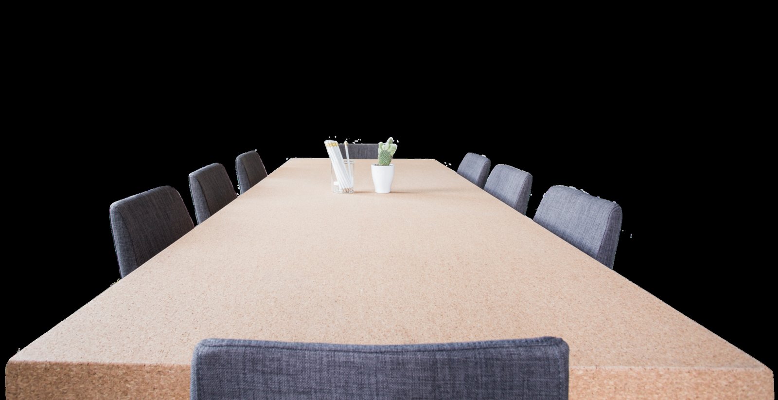 Table beige allongée, chaises grises autour, documents et petite plante au centre.