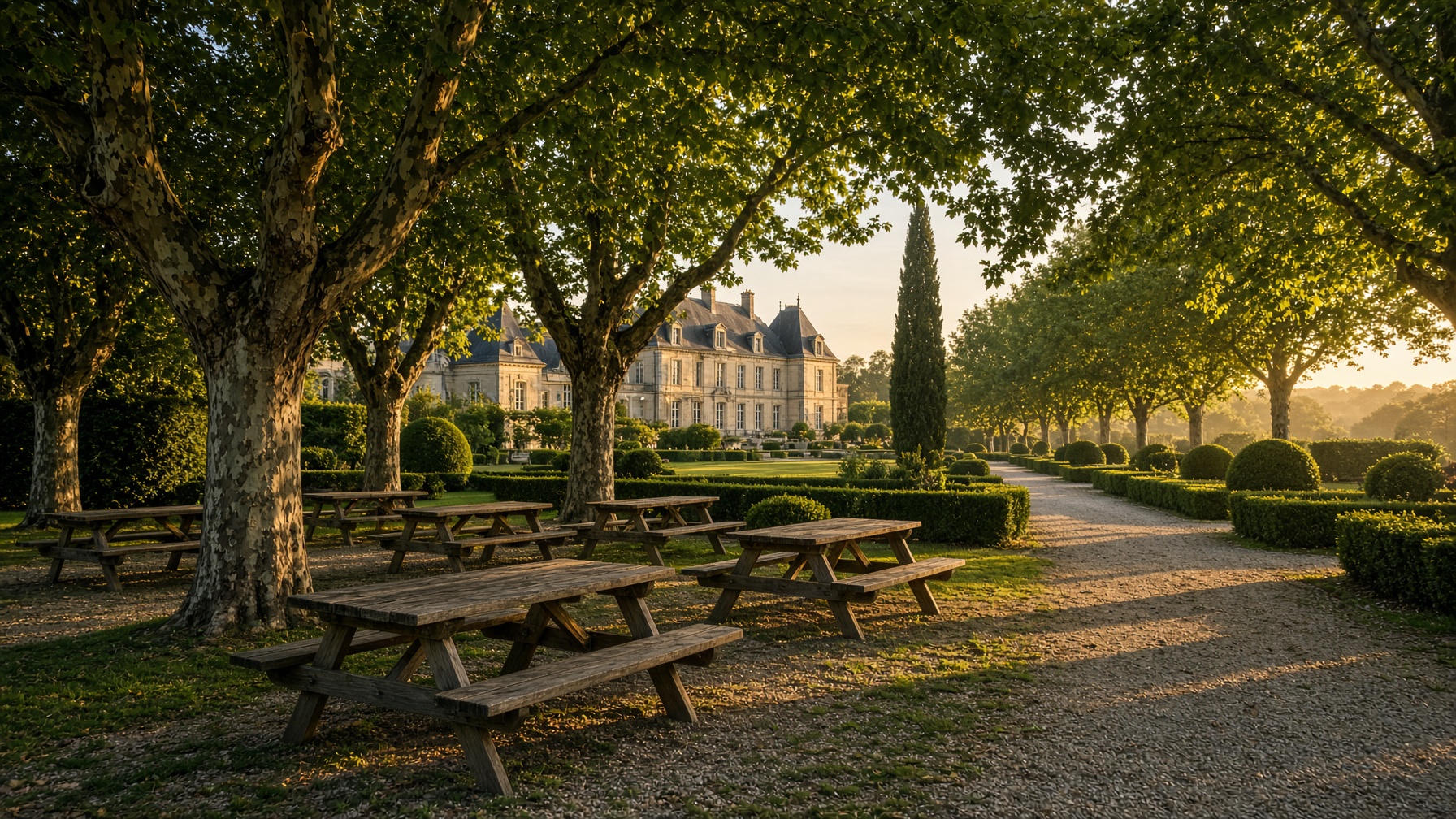 Tables sous des arbres, fin d'après-midi.