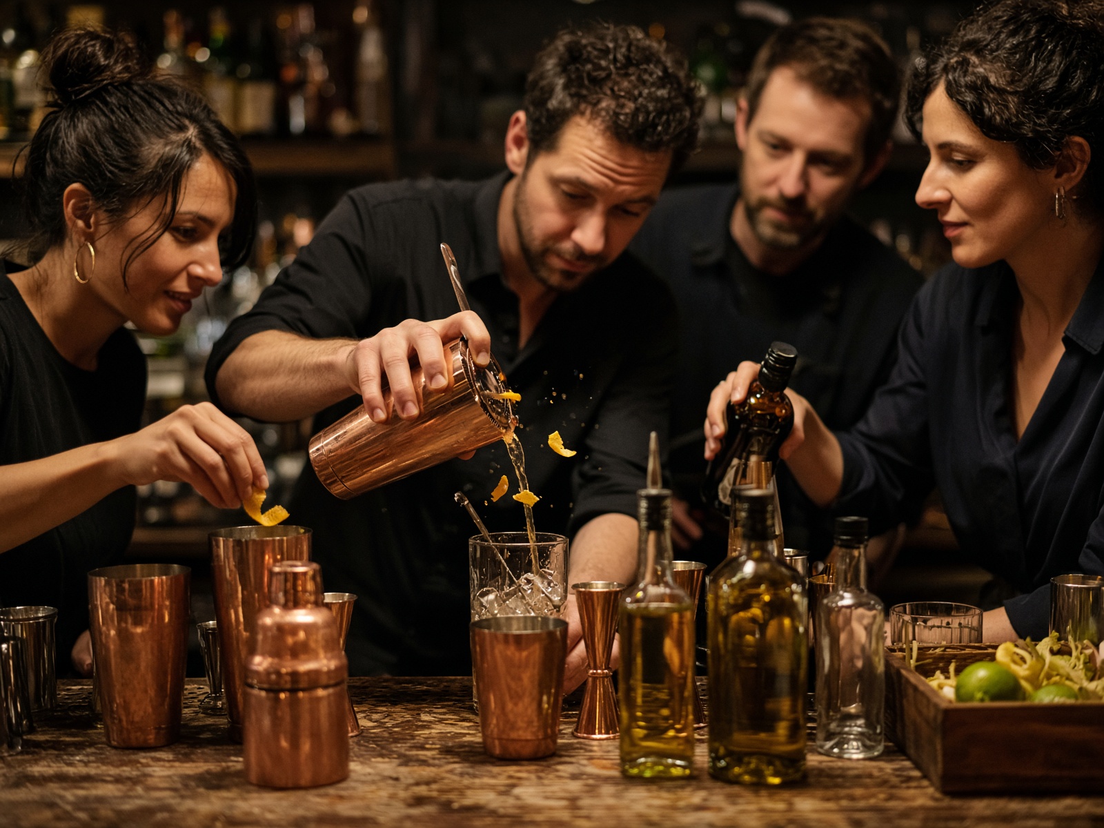 Personnes préparant des cocktails derrière un bar.