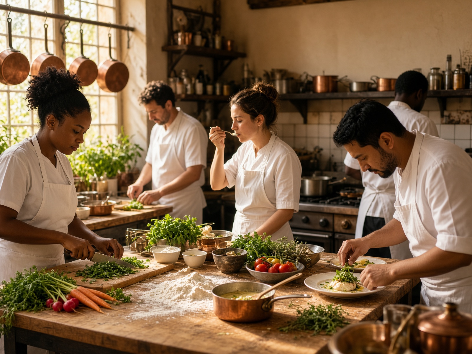 Personnes en cuisine préparant un plat autour d'un plan de travail.