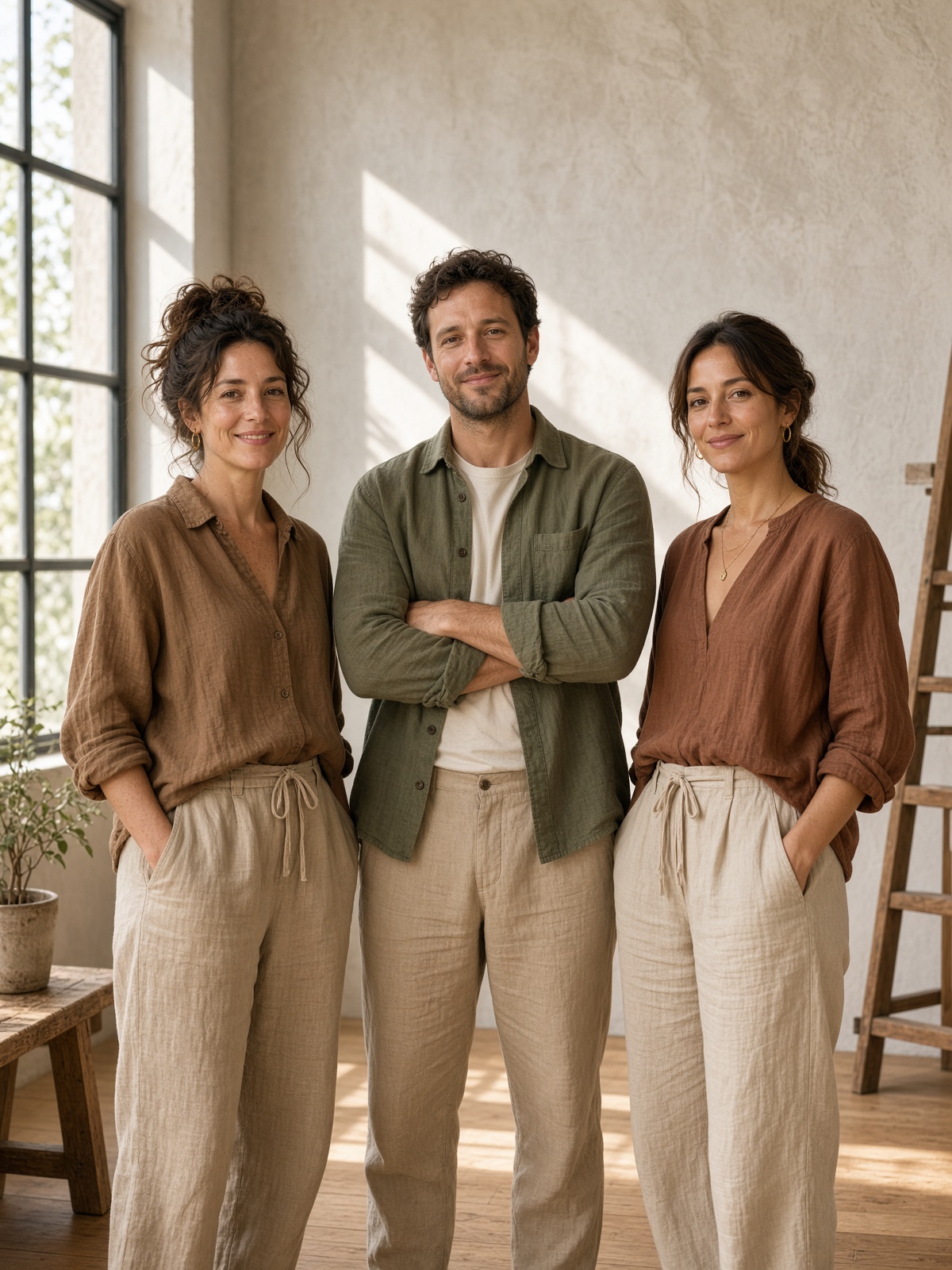 Trois personnes debout dans un atelier lumineux.