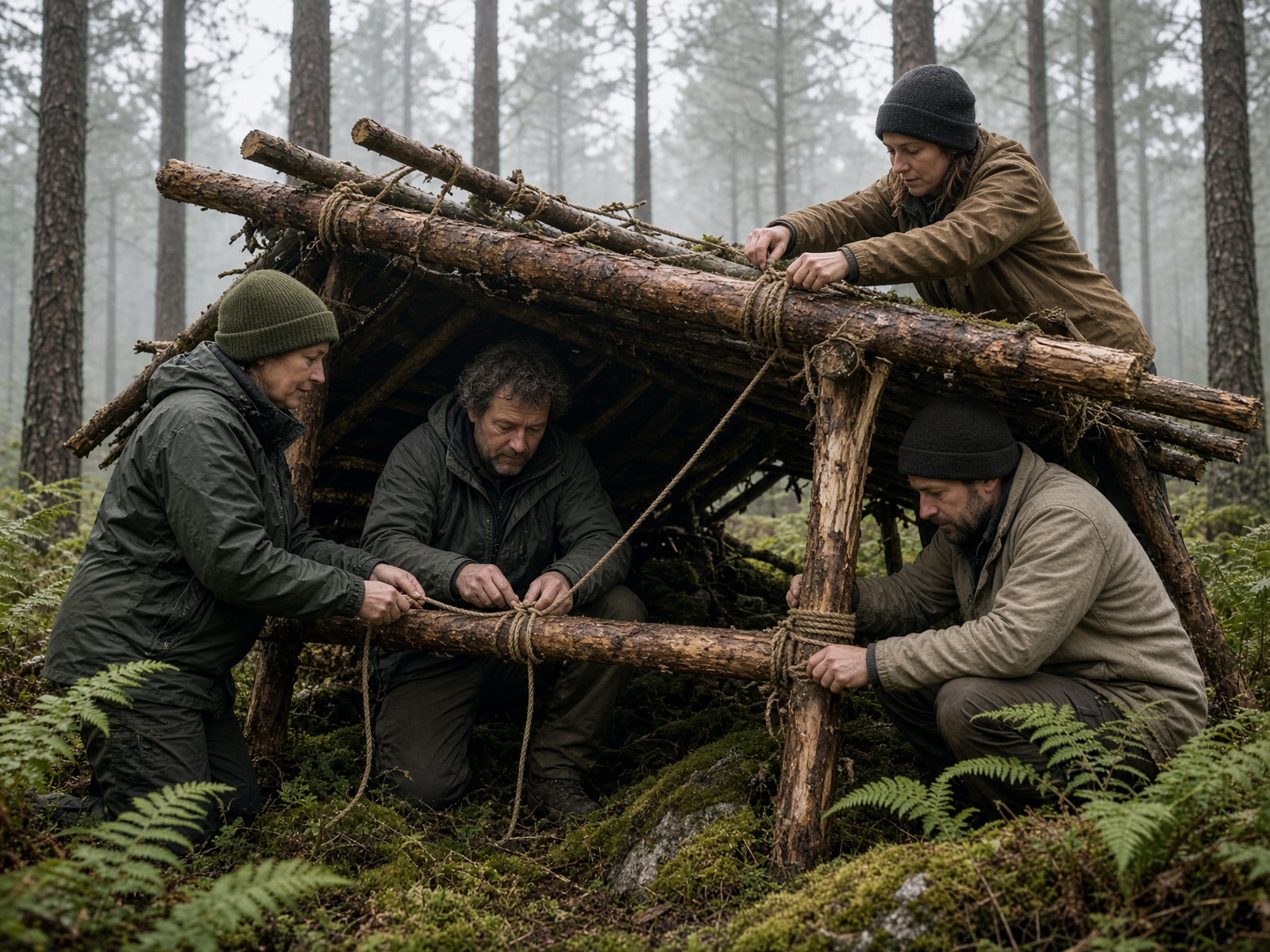 Groupe construisant un abri en bois dans une forêt.