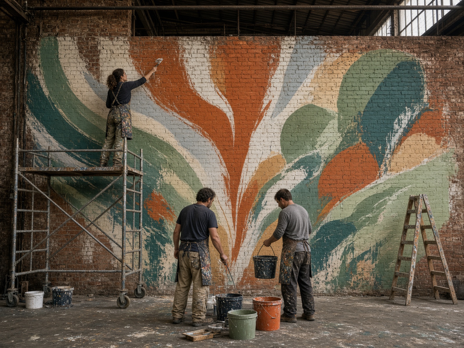 Personnes peignant ensemble une grande fresque colorée.