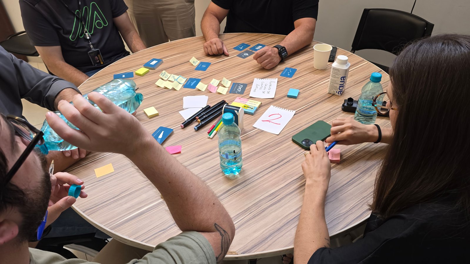 Personnes autour d'une table ronde en bois, cartes, feutres et notes collantes.