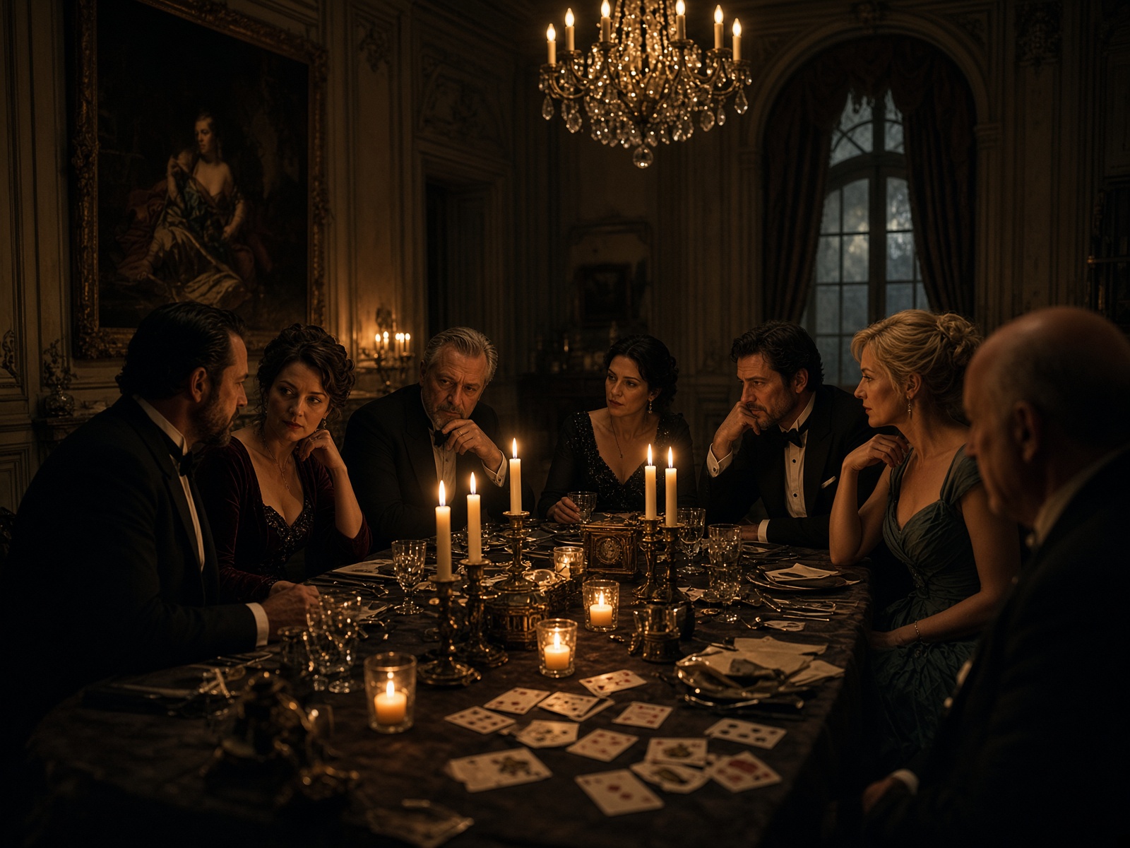Convives en tenue de soirée autour d'une table aux chandelles.