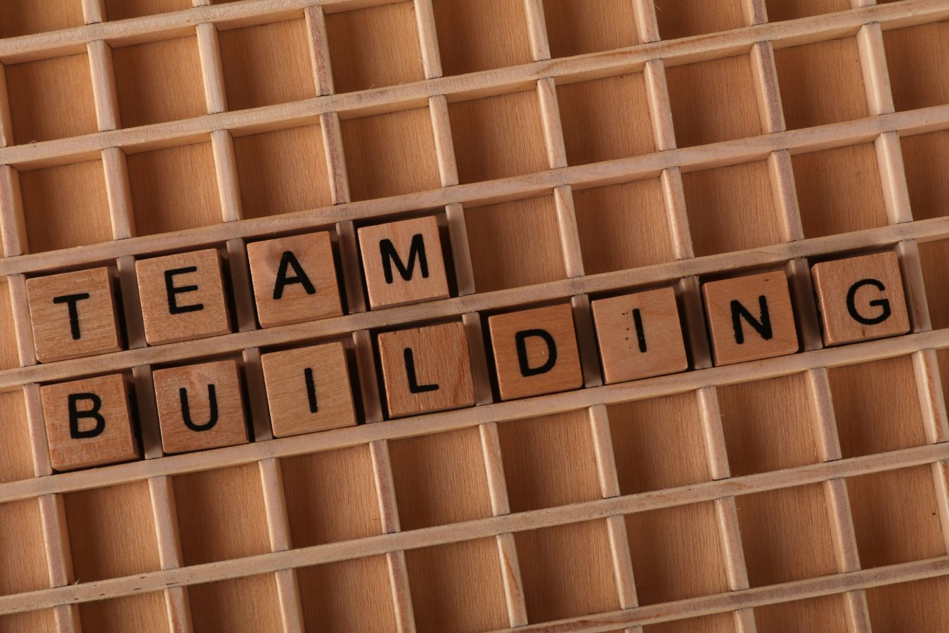 Lettres en bois formant TEAM BUILDING dans une grille.