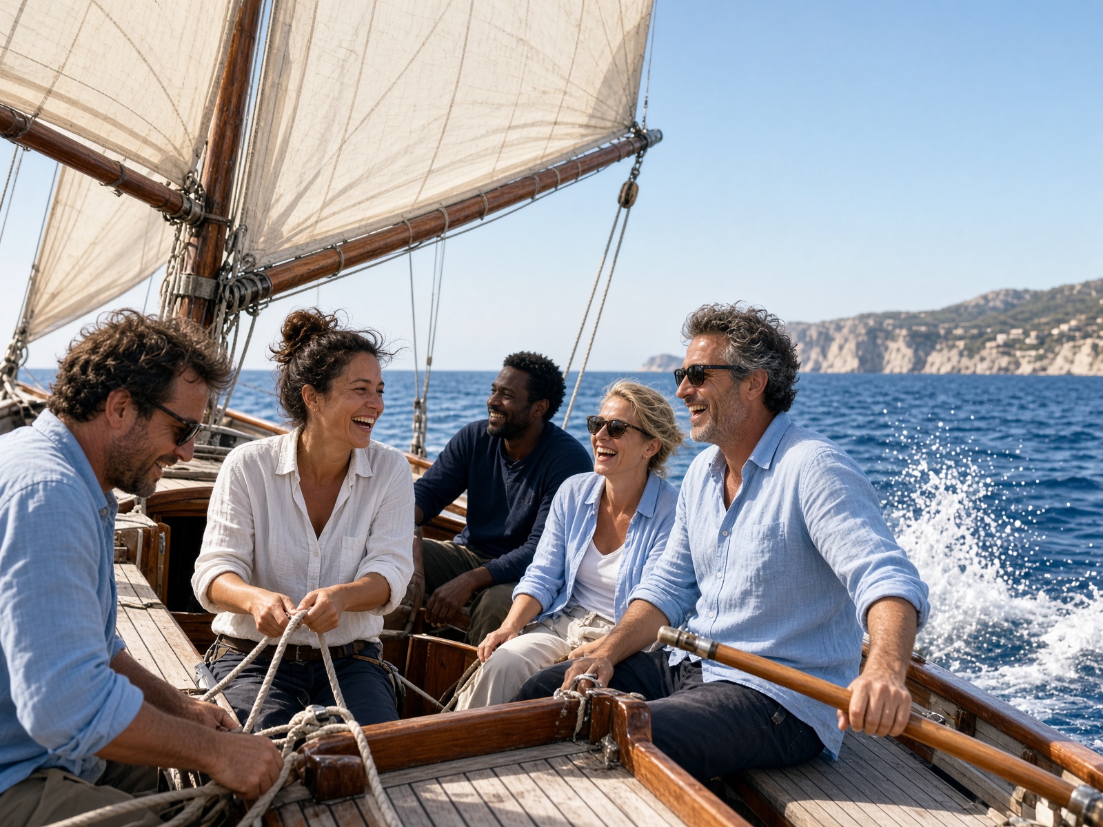 Équipage à bord d'un voilier en mer.